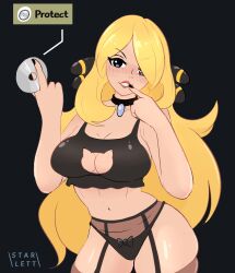 blonde_hair breasts c_starlett cynthia_(pokemon) female female_only looking_at_viewer nintendo pokémon pokemon protect_(tm) solo technical_machine