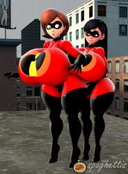 2girls 3d 3d_(artwork) big_ass big_breasts bodysuit breasts_bigger_than_head clothed elastigirl female female_only helen_parr huge_ass huge_breasts mother_and_daughter spaghettis_(artist) the_incredibles violet_parr yuri