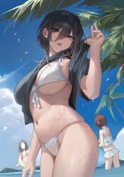 03_bara 3girls background_character background_characters bara_(03_bara) bikini black_hair black_skirt blue_eyes cowboy_shot floatie frilled_bikini hair_between_eyes hips huge_breasts looking_at_viewer original palm_tree red_bikini shirt shirt_up short_hair small_breasts swimsuit thighs wet_skin white_bikini yokoyama_ishimi