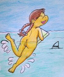 anthro arthur_(series) ass brown_hair female genitals hair muffy_crosswire nude paddling pool pussy reddragonkan smile solo swimming swimming_pool traditional_media_(artwork) water