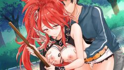 animated animated breast_grab breasts_out cum exposed_breasts faceless_male from_behind from_behind_position leaking_cum leaning_forward outdoors outercourse ponytail red_hair soul_senki thigh_sex