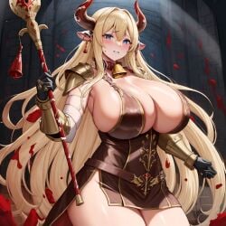 ai_generated armor bell_collar big_breasts bimbo blonde_hair blood blood_splatter blood_stain breasts_bigger_than_head chaos_(warhammer) cow_ears cow_horns cowbell cult cultist horn horns hucow khorne large_breasts red_clothes red_clothing unstable_diffusion warhammer_(franchise) warhammer_fantasy weapon