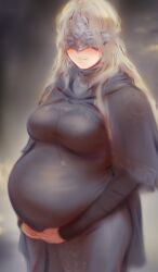 1girls big_breasts blonde_hair blush breasts caressing_belly clothed covered_eyes dark_souls dark_souls_3 female female_only fire_keeper fromsoftware hand_on_belly heavily_pregnant long_hair looking_at_viewer milf pregnant pregnant_belly ready_to_pop shpo solo thick_thighs