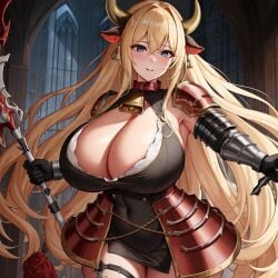 1girls ai_generated armor bell_collar big_breasts bimbo blonde_hair breasts_bigger_than_head chaos_(warhammer) cow_ears cow_horns cowbell cult cultist female female_only horn horns hucow khorne large_breasts red_clothes red_clothing solo solo_female unstable_diffusion warhammer_(franchise) warhammer_fantasy weapon