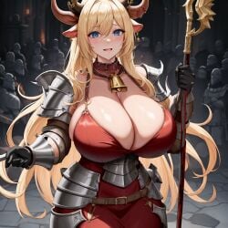 1girls ai_generated armor bell_collar big_breasts bimbo blonde_hair breasts_bigger_than_head chaos_(warhammer) cow_ears cow_horns cowbell cult cultist female horn horns hucow khorne large_breasts red_clothes red_clothing unstable_diffusion warhammer_(franchise) warhammer_fantasy weapon