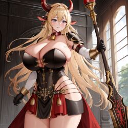 1girls ai_generated armor bell_collar big_breasts bimbo blonde_hair breasts_bigger_than_head chaos_(warhammer) cow_ears cow_horns cowbell cult cultist female female_only horn horns hucow khorne large_breasts red_clothes red_clothing solo solo_female unstable_diffusion warhammer_(franchise) warhammer_fantasy weapon