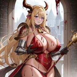 ai_generated armor bell_collar big_breasts bimbo blonde_hair blood blood_splatter blood_stain breasts_bigger_than_head chaos_(warhammer) cow_ears cow_horns cowbell cult cultist horn horns hucow khorne large_breasts red_clothes red_clothing unstable_diffusion warhammer_(franchise) warhammer_fantasy weapon