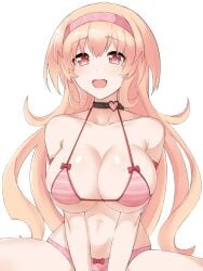 big_breasts bikini choker cleavage compa front_view hairband light-skinned_female long_hair neptunia_(series) open_mouth orange_eyes shiny_breasts simple_background sitting solo zatsu