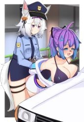 2girls breasts car cleavage clothed clothing cop_outfit fanart female female_only filian filian_(vtuber) handcuffs indie_virtual_youtuber kemonomimi large_breasts light-skinned_female melody_(projektmelody) multiple_girls police_uniform projektmelody purple_hair restrained restrained_arms skirt twitch virtual_youtuber vshojo vtuber vtuberfanart white_hair