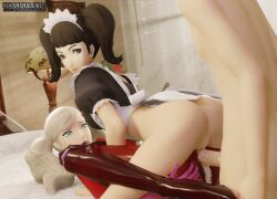 3d 3d_(artwork) ann_takamaki ass becky_(persona) blender clothing human kikanshalewds maid maid_headdress maid_uniform pale_skin persona persona_5 phantom_thief_suit sadayo_kawakami sfm source_filmmaker tagme threesome