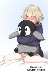 1boy alikurai blonde_hair blue_hoodie blush covering_mouth erection freckles freminet_(genshin_impact) genariasc genshin_impact highres hood hood_down hoodie male_focus male_only patreon_username penis precum purple_eyes solo stuffed_animal stuffed_penguin stuffed_toy twitter_username