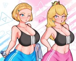 2girls adidas big_ass big_breasts blonde_hair blue_eyes breasts cleavage clothing cornellyc crossover crown female female_only highres long_hair mario_(series) medium_support_(meme) midriff multiple_girls nintendo pants princess_peach princess_zelda short_hair sports_bra standing sweating tagme tears_of_the_kingdom the_legend_of_zelda the_legend_of_zelda:_tears_of_the_kingdom towel water_bottle wink workout workout_clothes zelda_(tears_of_the_kingdom)