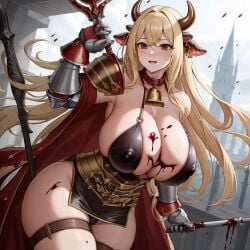 ai_generated armor bell_collar big_breasts bimbo blonde_hair blood blood_splatter blood_stain breasts_bigger_than_head chaos_(warhammer) cow_ears cow_horns cowbell cult cultist horn horns hucow khorne large_breasts red_clothes red_clothing unstable_diffusion warhammer_(franchise) warhammer_fantasy weapon