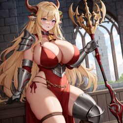 ai_generated armor bell_collar big_breasts bimbo blonde_hair breasts_bigger_than_head chaos_(warhammer) cow_ears cow_horns cowbell cult cultist horn horns hucow khorne large_breasts red_clothes red_clothing unstable_diffusion warhammer_(franchise) warhammer_fantasy weapon