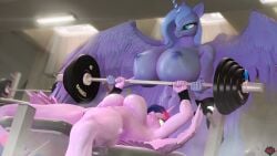 3d_(artwork) absurd_res alicorn anthro anthrofied barbell big_breasts breast_size_difference breasts digital_media_(artwork) duo equid equine exercise female friendship_is_magic hasbro hi_res horn huge_breasts mammal my_little_pony naughty_cube nipples nude princess_luna_(mlp) twilight_sparkle_(mlp) weightlifting wings workout