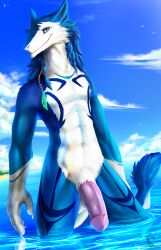 absurd_res anthro athletic balls beach blue_body cloudy_sky corbin_(roscy) detailed fluffy fluffy_tail fur genitals glistening half-erect hi_res humanoid_genitalia humanoid_penis lightwo looking_at_viewer male mane partially_submerged penis purple_penis reflection sea seaside sergal sergei_(lightwo) slim solo tail tall water water_reflection white_balls