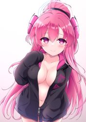 1girls bikini_bottom blush cleavage hoodie huge_breasts looking_at_viewer navel no_bra open_hoodie rasis smile sound_voltex zipper zipper_down