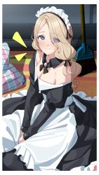 1girls absurdres alternate_costume apron bare_shoulders black_dress black_ribbon blonde_hair blue_eyes breasts cleavage commentary commentary_request dress enmaided female female female_only fire_emblem fire_emblem:_three_houses haerge hair_over_shoulder hair_ribbon highres juliet_sleeves long_hair long_sleeves maid maid_headdress mercedes_von_martritz nintendo off-shoulder_dress off_shoulder petticoat puffy_sleeves ribbon shoulders side_ponytail sitting solo white_apron