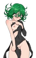 1girls female female_only green_eyes green_hair gurumo nipples one-punch_man patreon pussy solo tatsumaki torn_clothes white_background