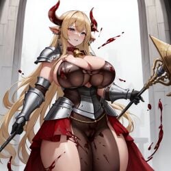 ai_generated armor bell_collar big_breasts bimbo blonde_hair blood blood_splatter blood_stain breasts_bigger_than_head chaos_(warhammer) cow_ears cow_horns cowbell cult cultist horn horns hucow khorne large_breasts red_clothes red_clothing unstable_diffusion warhammer_(franchise) warhammer_fantasy weapon