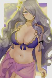 1girls 2023 alternate_costume artist_name bikini blurry_background camilla_(fire_emblem) camilla_(summer)_(fire_emblem) cleavage female female_only fire_emblem fire_emblem_fates fire_emblem_heroes flower hair_flower hair_over_one_eye higher_resolution_available highres large_breasts light-skinned_female light_skin long_hair looking_at_viewer navel nintendo official_alternate_costume purple_bikini purple_eyes purple_hair purple_swimsuit rotomdocs sarong see-through see-through_clothing smile solo swimsuit very_long_hair watermark