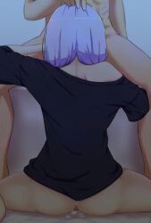 1boy 1girls ass back_view blowjob cum cum_in_pussy duo duo_focus elf elf_female elf_girl emilia_(re:zero) giving_head half-dressed legs_apart no_panties on_the_floor re:zero_kara_hajimeru_isekai_seikatsu saito sex short_hair silver_hair sitting spread_legs sucking sucking_penis thick_thighs