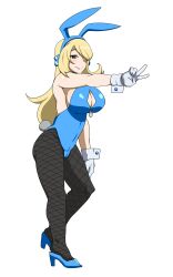 1girls bare_shoulders big_breasts blonde_hair blue_high_heels breasts bunny bunny_costume bunny_ear bunny_ears bunny_girl bunny_tail bunnygirl bunnysuit champion cynthia_(pokemon) female female_only full_body game_freak gloves hair_over_one_eye high_heels huge_breasts long_hair mantan nintendo pokémon pokemon pokemon_bdsp pokemon_dppt simple_background solo_female stockings thick_thighs thighs white_background white_gloves