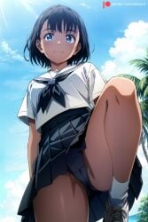 ai_generated black_hair blue_eyes blue_sky cloud day edosynf female from_below highres kofune_mio looking_at_viewer neckerchief outdoors panties pantyshot pleated_skirt sailor_collar school_uniform serafuku shirt shoes short_hair short_sleeves skirt sky smile socks solo summertime_render underwear white_shirt white_socks