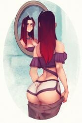 blue_eyes dressing freckles gym_shorts hourglass_figure large_ass large_breasts looking_at_self mirror necklace pouting raichiyo33 red_hair slim_waist tight_clothing