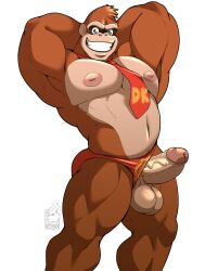 1boy 2023 anthro anthro_only ape arms_behind_head artist_logo artist_name balls ballsack bara barely_clothed beefy belly_button big_balls big_nipples big_penis body_fur brown_eyes brown_fur digital_drawing_(artwork) digital_media_(artwork) donkey_kong donkey_kong_(series) english_text erection exposed feet_out_of_frame flexing foreskin foreskin_folds front_view furry furry_only genitals grin grinning grinning_at_viewer humanoid_genitalia humanoid_penis intact looking_at_viewer male male_nipples male_only mammal mostly_nude musclegut muscular_anthro muscular_arms muscular_legs muscular_male navel nelldemon pecs penis penis_out pink_nipples primate red_tie retracted_foreskin scrotum simple_background smile smiling smiling_at_viewer solo standing teeth testicles text thick_penis tie uncut underwear_aside veiny_penis white_background