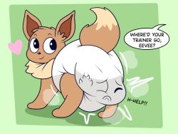 brown_fur dialogue dialogue_box diaper diaper_entrapment diaper_stuffing eevee english_text feral nyxiette_nyxstar pokémon_(species) pokemon