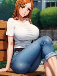 1girls ai_generated bleach breasts clothed female hi_res huge_breasts inoue_orihime light-skinned_female light_skin long_hair mommy naughty_face orange_hair outdoors panda_ai stable_diffusion thick_thighs thighs wide_hips