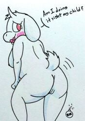 anthro ass big_breasts big_butt blush bovid breasts caprine demon female genitals goat horn mammal mature_female nude open_mouth pussy red_eyes reddragonkan simple_background solo toriel traditional_media_(artwork) twerking undertale undertale_(series)