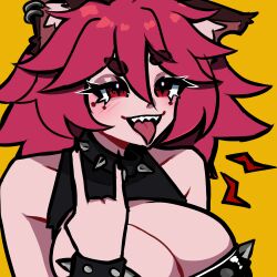 big_breasts demon_girl fuamyero red_eyes red_hair smile spiked_bracelet spiked_collar tagme tongue_out yellow_background