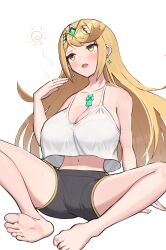 1girls barefoot blonde_hair breasts core_crystal fanning_self feet female gold_eyes gonzarez gonzarez1938 hi_res huge_breasts light-skinned_female light_skin long_hair mythra mythra_(xenoblade) nintendo short_shorts shorts soles sportswear sweat sweaty_body tank_top xenoblade_(series) xenoblade_chronicles_2