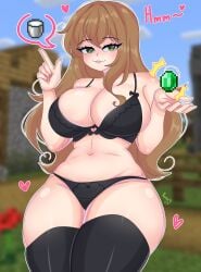 black_bikini black_legwear bucket bucket_of_milk emerald_(gem) female heart heart-shaped_pupils honeybee_0u0 milk minecraft thighhighs villager_(minecraft)