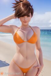 1girls ai_generated armpits beach bikini breast brown_eyes brown_hair cleavage detailed female female_only hand_on_head hand_on_hip high_quality highres lena_oxton looking_at_viewer ocean orange_bikini outside overwatch realistic sand short_hair sky smile solo stable_diffusion standing suggestive synthpixel torso tracer