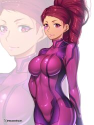 1girls 2020s 2023 alternate_costume artist_name bodysuit breasts brown_hair cosplay crossover dark-skinned_female dark_skin etchimune face_markings face_paint facial_mark female female_only fire_emblem fire_emblem:_three_houses high_ponytail large_breasts long_hair looking_at_viewer metroid nintendo petra_macneary pink_lips plain_background ponytail purple_eyes purple_hair purple_suit samus_aran samus_aran_(cosplay) skin_tight smile solo watermark white_background zero_suit