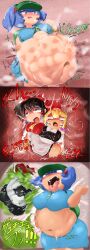 beaten big_breasts black_hair blonde_hair blue_dress blue_eyes blue_hair bow braided_hair burping burping_up_clothes chubby clothing defeated defeated_heroine digestion digestion_noises hughoftheskies internal_view large_breasts marisa_kirisame nitori_kawashiro post_digestion post_vore reimu_hakurei stomach_bulge struggling_prey tagme touhou vore vore_belly weight_gain witch_hat