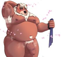 1boy absurd_res accessory anthro balls bear belly big_penis blush bodily_fluids brown_body brown_fur flaccid foreskin fupa fur genital_fluids genitals hair headband hi_res kimun_kamui_(tokyo_afterschool_summoners) lifewonders male male_only mammal musclegut musk_clouds navel nipples nude pecs penis precum pubes sato_lewdleone solo tokyo_afterschool_summoners white_hair