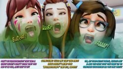 3d 3girls belch belching brigitte brigitte_lindholm brown_hair burp burp_cloud burp_fetish burp_in_face burping burping_in_face d.va dialogue disgusting female femdom glasses hana_song mei-ling_zhou mei_(overwatch) mei_ling_zhou open_mouth overwatch overwatch_2 saliva saliva_string saxanas smell smelly talking_to_viewer text tongue tongue_out