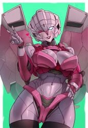 1girls arcee arcee_(g1) artist_name autobot autobot_insignia big_breasts curvaceous curvy curvy_body curvy_female curvy_figure female female_autobots female_only heart hourglass_figure huge_breasts large_breasts peace_sign pie_(artist) pietheunusual slim_waist smile solo tagme transformers transformers_g1 v_sign wink winking winking_at_viewer