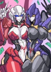 2girls arcee arcee_(rotb) autobot big_breasts duo female female_autobots female_only huge_breasts large_breasts money multiple_girls nightbird nightbird_(transformers) peace_sign pubic_tattoo robot robot_girl slim_waist terrorcon transformers transformers_rise_of_the_beasts v_sign waaka_horror