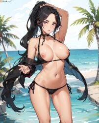 ai_generated anime anime_girl anime_style beach big_breasts bikini bikini_pull black_hair brown_eyes enza1316 female long_hair solo white_body