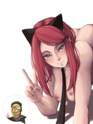 1boy 1girls ass blue_eyes blush breasts cat_ears cheating_wife collar female long_hair masked_male medium_breasts milf naruto naruto_(series) naruto_shippuden nipples peace_sign red_hair uchiha_obito uzumaki_kushina