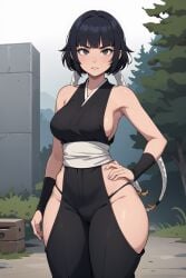 1girls ai_generated bare_hips black_hair black_panties black_thong bleach bracelets braided_hair breasts cameltoe curvy female female_only gardener_ai grey_eyes hakama hakama_pants hand_on_hip hip_vent medium_breasts narrow_shoulders no_bra panties pear_shaped revealing_clothes side_slit sideboob skimpy slit soifon solo stable_diffusion string_panties thick_thighs thin_waist thong waistband wide_hips