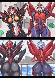 2girls 2koma alien alien_girl ass big_ass big_breasts big_butt butt decepticon embarrassed female female_focus female_only flamewar flareup gynoid heart-shaped_pupils multiple_girls multiple_views pubic_tattoo robot_girl smile smiling smiling_at_viewer transformers waaka_horror