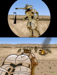 absurd_res aiming_weapon anthro anti-tank_gun apc armor ass big_breasts big_butt breasts breasts_on_ground desert destroyed destroyed_vehicle destroying dominant dominant_female female female_dominating_male fire genitals grass hi_res humanoid living_machine living_vehicle looking_at_another machine male mantrinrus middle_eastern muscular nude on_ground penile penis plant power_armor resistance resisting road running sight simple_background smoke solo standing symbol t-62_(tank) tankmorph technology vehicle