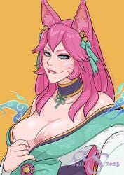 9_tails ahri argskit blue_eyes facial_markings fox fox_ears fox_girl league_of_legends nine_tailed_fox nipple_piercing pink_hair spirit_blossom_ahri spirit_blossom_series vastaya veiny_breasts