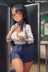 1girls ai_generated alterism big_breasts black_hair breasts brown_eyes choker classroom cleavage clothed clothing collar collared_shirt curvy female female_focus female_only hair_ornament hayase_nagatoro hi_res highres hourglass_figure large_breasts long_hair miniskirt please_don't_bully_me,_nagatoro pleated_skirt revealing_clothes school_uniform simple_background sole_female solo stable_diffusion tan tan-skinned_female tan_body tan_skin tanned tanned_female thick_thighs wide_hips